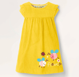 Bee Flower Embroidery Pure Cotton Yellow Sleeveless Girl Summer Dress - MiniMore